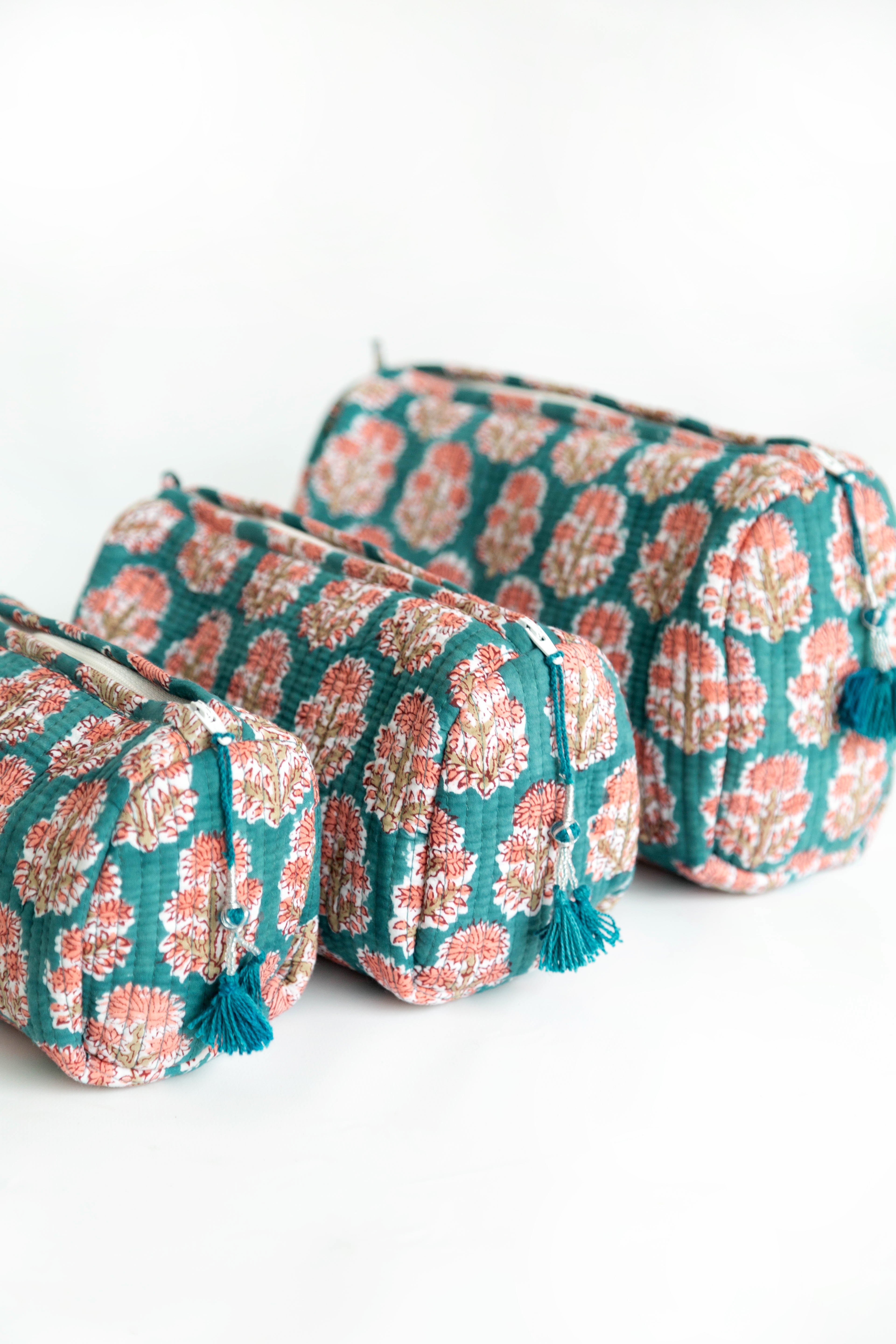 Dahlia Quilted Block Print Cosmetic Bags – Set of 3