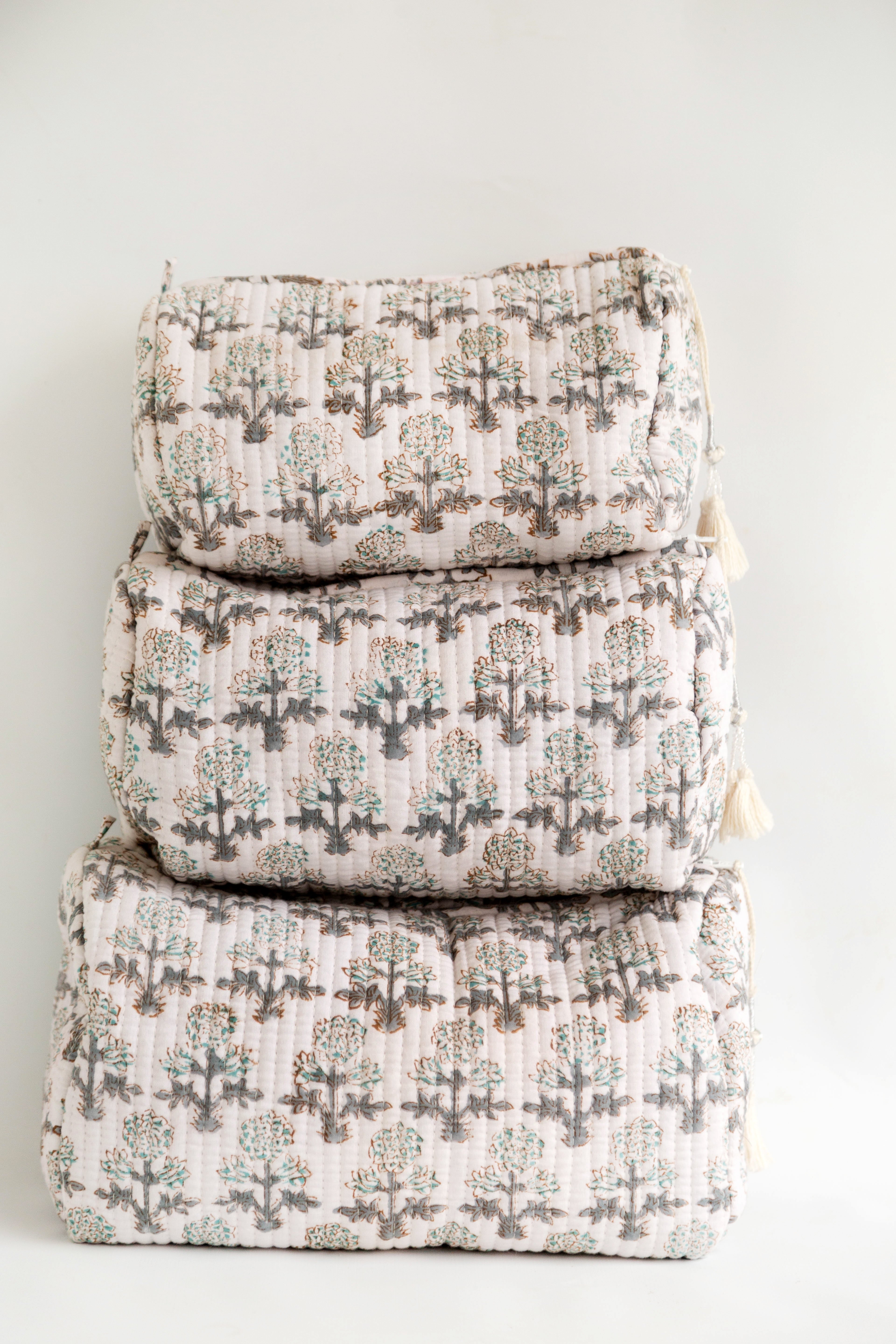 Jasmine Quilted Block Print Cosmetic Bags – Set of 3