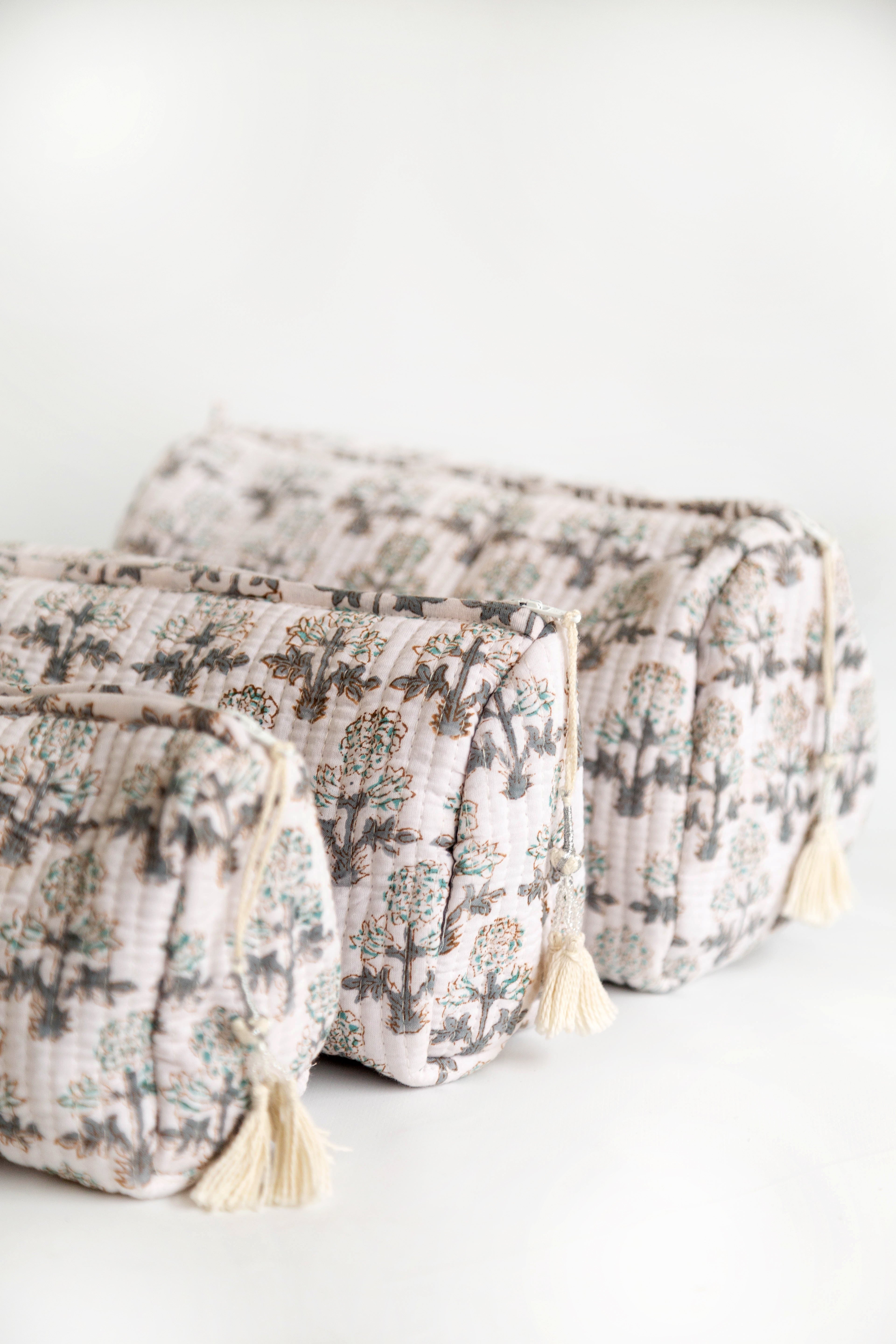 Jasmine Quilted Block Print Cosmetic Bags – Set of 3