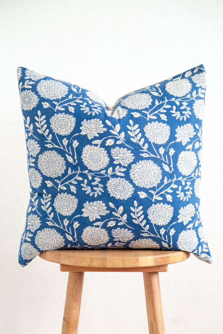 Blue Floral Block Print Pillow Cover + Insert 20x20