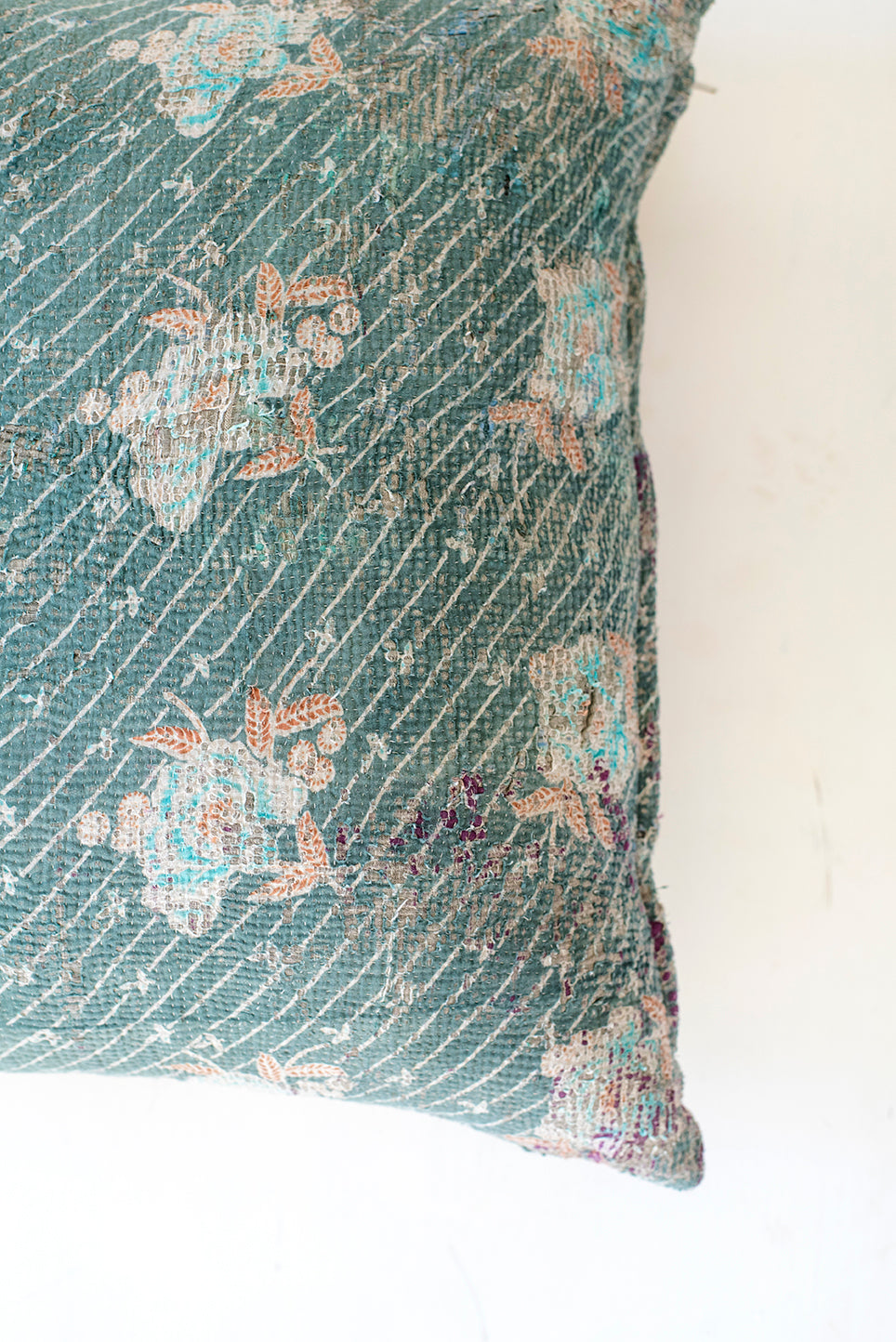 Vintage Kantha Pillow Cover + Insert Turquoise Blooms 18x18