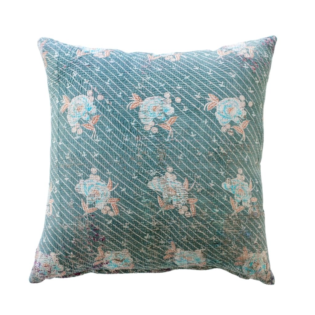 Vintage Kantha Pillow Cover + Insert Turquoise Blooms 18x18